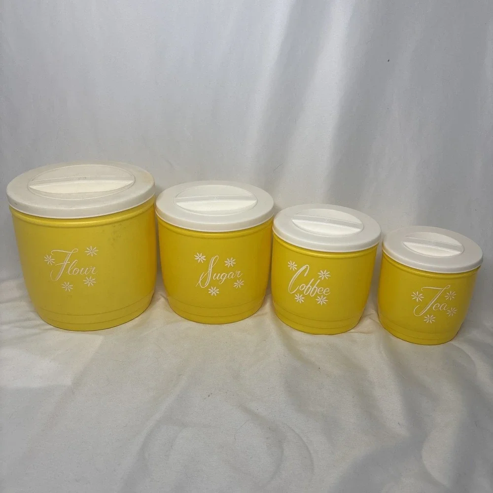 Vtg 1950s Stanley Atomic Plastic Canister Set Yellow Nesting MCM 4Pc Retro Sugar